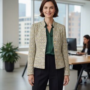 LAFAYETTE 148 Wool Blend w/ 100% Silk Tweed 3 Button Blazer Front Pockets Sz 10